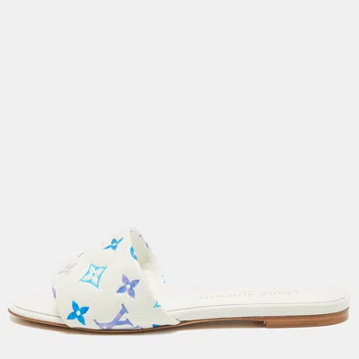 Pre-owned Louis Vuitton Revival Size 39 White/blue Monogram Leather Flat Slide