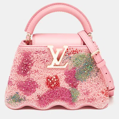 Pre-owned Louis Vuitton Rose Embroidered Satin Capucines Capushell Mini Bag In Pink