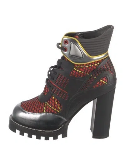 Pre-owned Louis Vuitton Rubber Graphic Print Lace-up Boots In Black