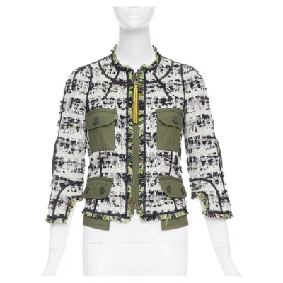 Pre-owned Louis Vuitton Runway Fleury Khaki Cotton Tweed Leather Trim Safari Jacket Fr34 In Gray
