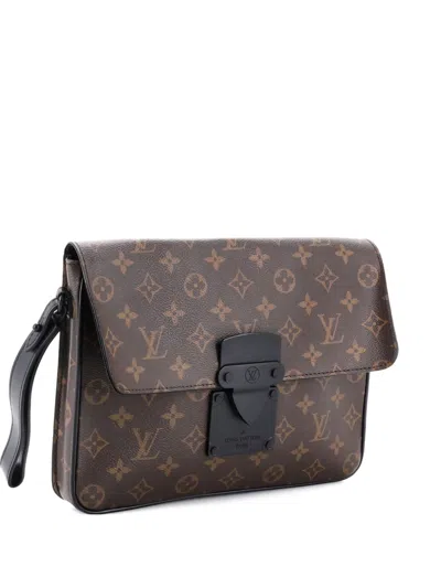 Pre-owned Louis Vuitton S Lock A4 Wristlet Pouch Macassar Monogram Canvas Clutch Bag In Black