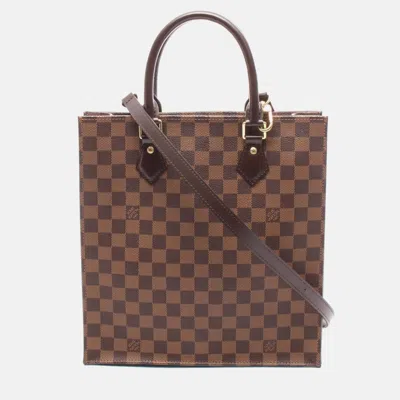 Pre-owned Louis Vuitton Sac Plat Pm Shoulder Tote Bag Damier Canvas Ebene In Brown
