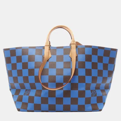 Pre-owned Louis Vuitton Sac Plat Soft Ew Brown/blue Coated Canvas Leather With Damier Pop Tote Bag