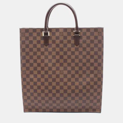 Pre-owned Louis Vuitton Sac Plat Tote Handbag Damier Canvas Ebene In Brown
