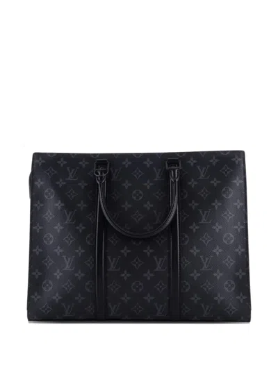Pre-owned Louis Vuitton Sac Plat Zipper Monogram Eclipse Canvas Horizontal Tote Bag In Black