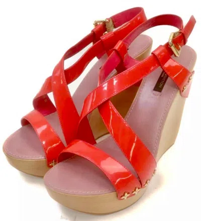 Pre-owned Louis Vuitton Sandals Reds Calf Leather 5 Inch Wood Heels Size Euro 38, Like New In Orange