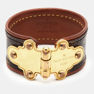 Pre-owned Louis Vuitton Save It Monogram Canvas Gold Tone Wide Cuff Bracelet In Brown