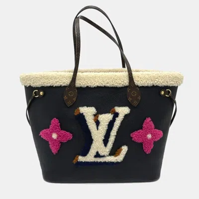 Pre-owned Louis Vuitton Shearling Monogram Flower Lv Initial Neverfull Mm Fluffy Tote Bag In Calf Leather Black