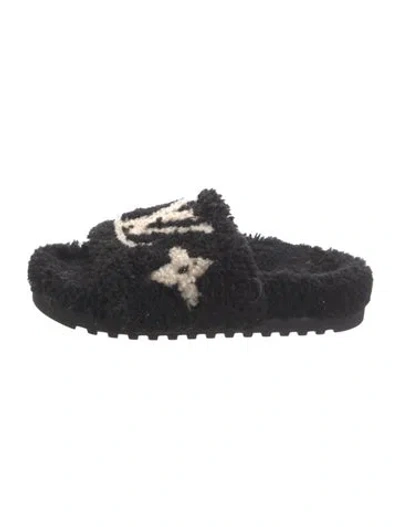 Pre-owned Louis Vuitton Shearling Printed Slides In Black
