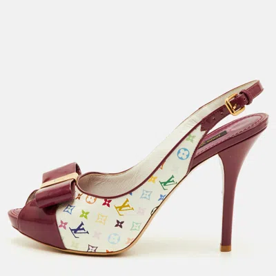 Pre-owned Louis Vuitton Shirley Bow Size 38 Multicolore Monogram Canvas And Patent Leather Slingback Sandals In White