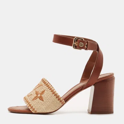 Pre-owned Louis Vuitton Siena Size 40 Brown Leather And Raffia Ankle Strap Sandals