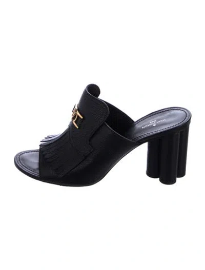 Pre-owned Louis Vuitton Signature Logo Leather Slides In Black