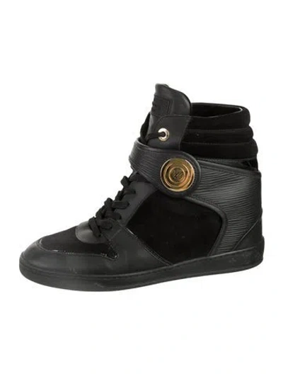 Pre-owned Louis Vuitton Signature Logo Leather Wedge Sneakers In Black