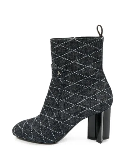Pre-owned Louis Vuitton Silhouette Flower Heel Ankle Boots In Blue