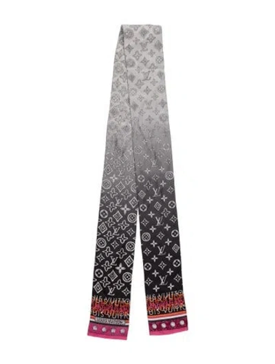 Pre-owned Louis Vuitton Silk Lv Monogram Scarf In Black/grey