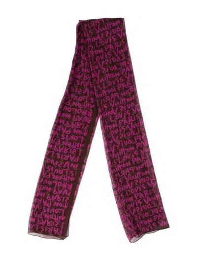 Pre-owned Louis Vuitton Silk Lv Monogram Scarf In Brown/purple