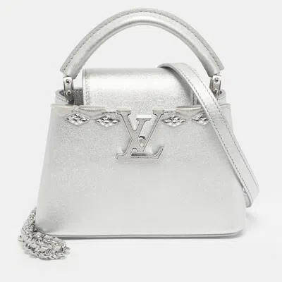 Pre-owned Louis Vuitton Silver Leather Crystal Embellished Capucines Mini Bag