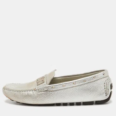 Pre-owned Louis Vuitton Silver Leather Lombok Slip On Loafers Size 40.5