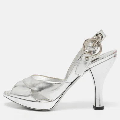 Pre-owned Louis Vuitton Silver Leather Peep Toe Slingback Sandals Size 37