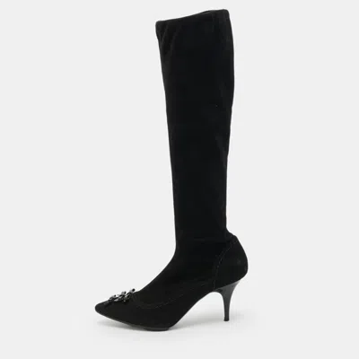 Pre-owned Louis Vuitton Size 34.5 Black Suede Knee Length Boots