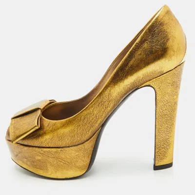 Pre-owned Louis Vuitton Size 35.5 Metallic Gold Leather Platform Peep Toe Pumps