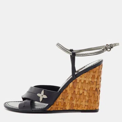 Pre-owned Louis Vuitton Size 36.5 Black Leather Strappy Wicker Wedge Sandals
