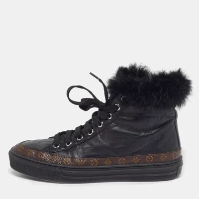Pre-owned Louis Vuitton Size 36.5 Black Monogram Canvas Leather And Mink Fur High Top Sneakers