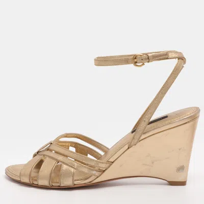 Pre-owned Louis Vuitton Size 37 Gold Leather Ankle Strap Wedge Sandals