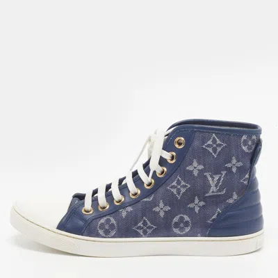 Pre-owned Louis Vuitton Size 37 Navy Blue/white Monogram Denim And Leather Cap-toe Punchy High Top Sneakers