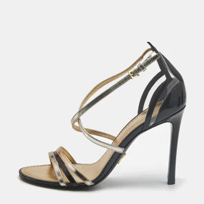 Pre-owned Louis Vuitton Size 37 Tricolor Leather And Patent Strappy Sandals In Black