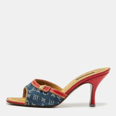 Pre-owned Louis Vuitton Size 37.5 Blue/red Croc Embossed Leather And Monogram Denim Slide Sandals