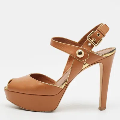 Pre-owned Louis Vuitton Size 37.5 Brown Leather Platform Ankle Strap Sandals
