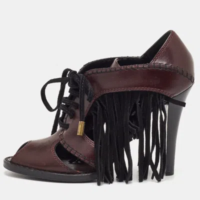 Pre-owned Louis Vuitton Size 37.5 Brown/black Leather And Suede Fringe Lace Up Peep Toe Sandals