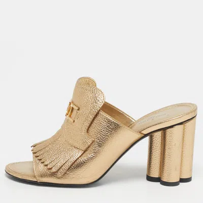 Pre-owned Louis Vuitton Size 37.5 Gold Leather Fringes Slide Sandals