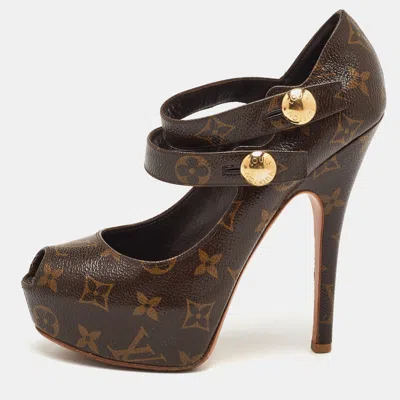 Pre-owned Louis Vuitton Size 37.5 Monogram Canvas Ritual Mary Jane Peep Toe Platform Pumps In Brown