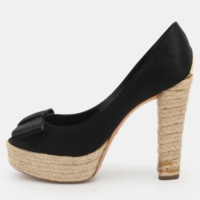 Pre-owned Louis Vuitton Size 38 Black Satin Bow Detail Espadrille Peep Toe Platform Pumps