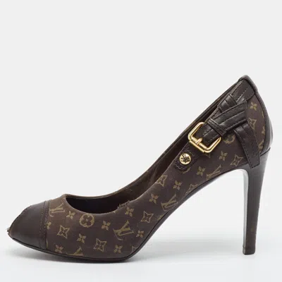 Pre-owned Louis Vuitton Size 38 Brown Mini Lin Monogram Canvas And Leather Peep Toe Pumps