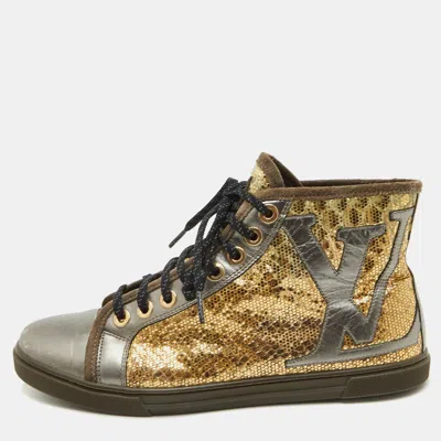Pre-owned Louis Vuitton Size 38 Gold/grey Leather And Snakeskin Leather High Top Sneakers