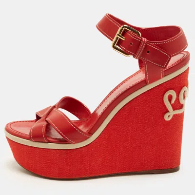 Pre-owned Louis Vuitton Size 38 Red Denim And Leather Lv Logo Platform Wedge Sandals