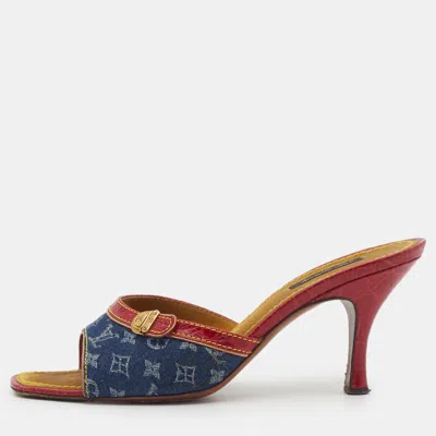 Pre-owned Louis Vuitton Size 38.5 Blue/red Crocodile Leather And Monogram Denim Slide Sandals