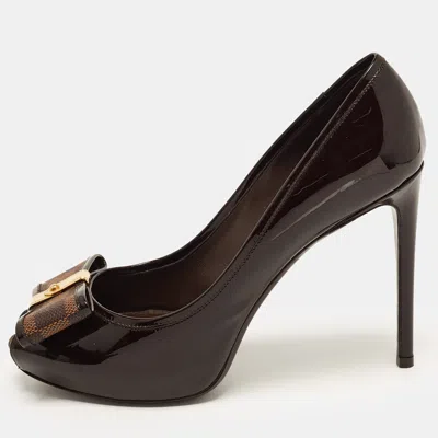 Pre-owned Louis Vuitton Size 38.5 Brown Patent Leather And Damier Ebene Canvas Bow Peep Toe Platform Pumps