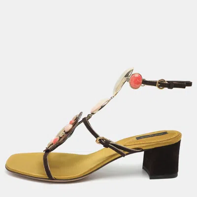 Pre-owned Louis Vuitton Size 38.5 Multicolor Gems Embellished And Leather Ankle Strap Slide Sandals