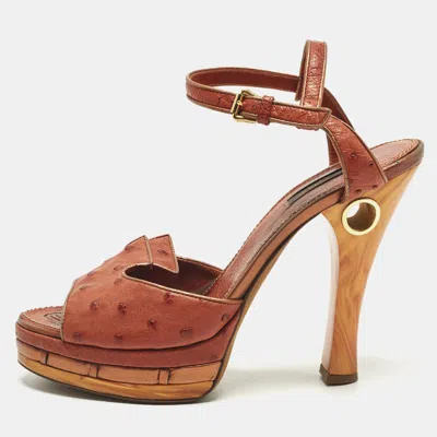 Pre-owned Louis Vuitton Size 38.5 Red Ostrich Leather Ankle Strap Sandals
