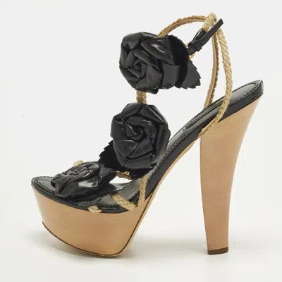 Pre-owned Louis Vuitton Size 39 Black Leather Floral Applique Rope Strap Platform Sandals