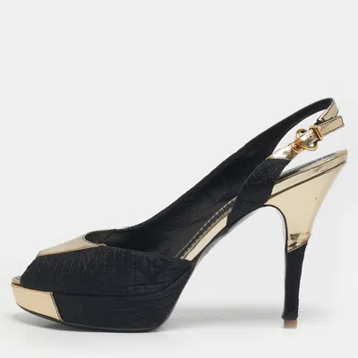 Pre-owned Louis Vuitton Size 39 Black/gold Leather And Satin Peep Toe Pumps