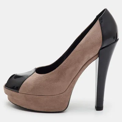 Pre-owned Louis Vuitton Size 39 Brown/black Patent Leather And Suede Platform Peep Toe Pumps