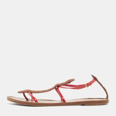 Pre-owned Louis Vuitton Size 39 Brown/red Monogram Leather And Patent Flat Ankle Strap Thong Sandals