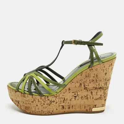 Pre-owned Louis Vuitton Size 39 Green Patent Leather Summertime Wedge Sandals