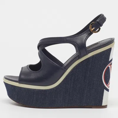 Pre-owned Louis Vuitton Size 39 Navy Blue Denim And Leather Lv Logo Platform Wedge Sandals