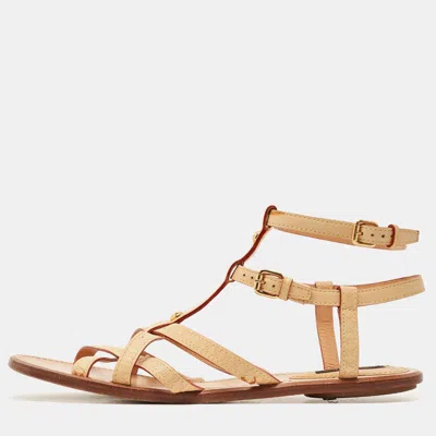 Pre-owned Louis Vuitton Size 39 Tan Leather Gladiator Flat Sandals In Brown